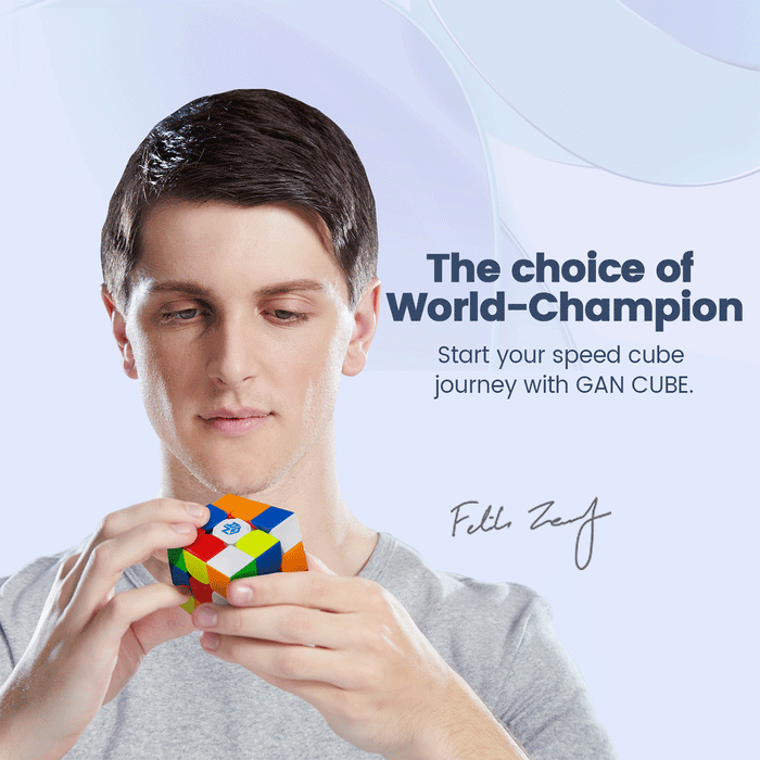 Young man solving colorful GAN Cube speed cube with text promoting GAN Cube as world-champion choice