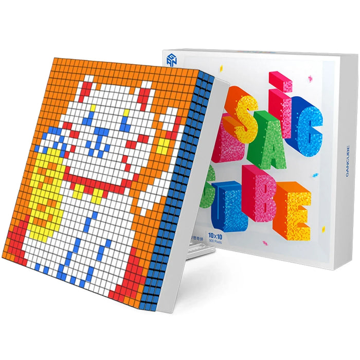 10x10 pixel art puzzle of a white lucky cat with orange background and colorful beads