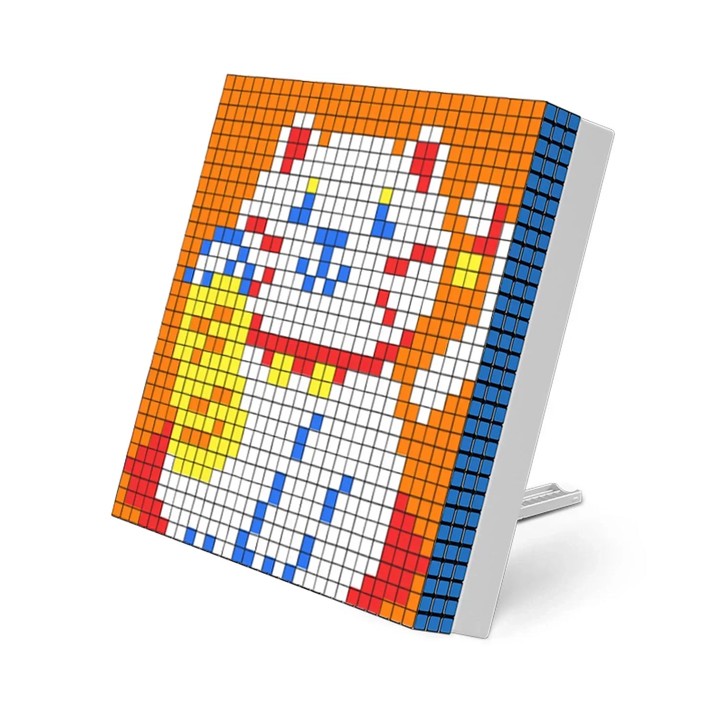 Pixel art of a white waving lucky cat with red, blue, and yellow details on orange and blue background