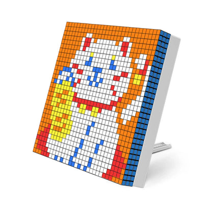Pixel art of a white waving lucky cat with red, blue, and yellow details on orange and blue background