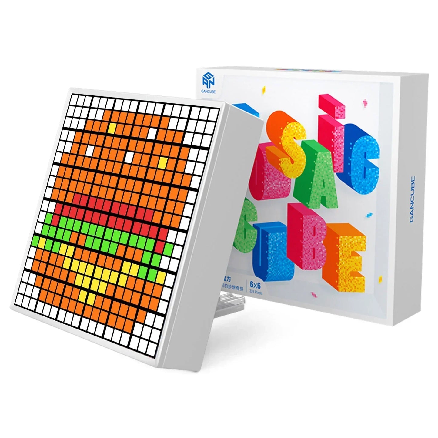 6x6 pixel art display panel showing a colorful burger icon next to GAN Cube box