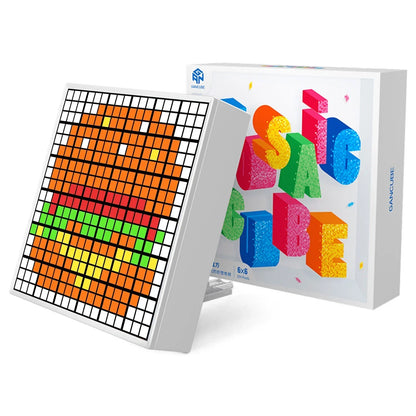 6x6 pixel art display panel showing a colorful burger icon next to GAN Cube box