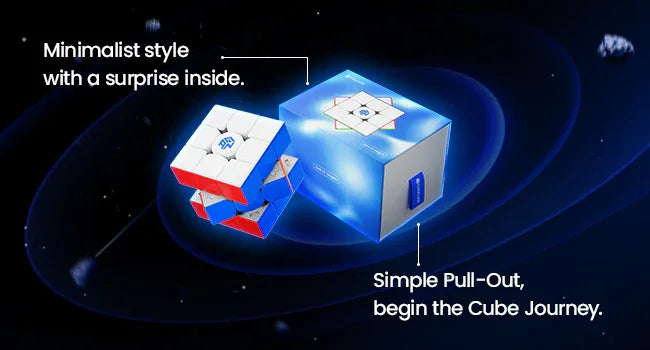 Minimalist design Rubik's Cube and blue packaging in space with text highlighting simple pull-out and surprise inside