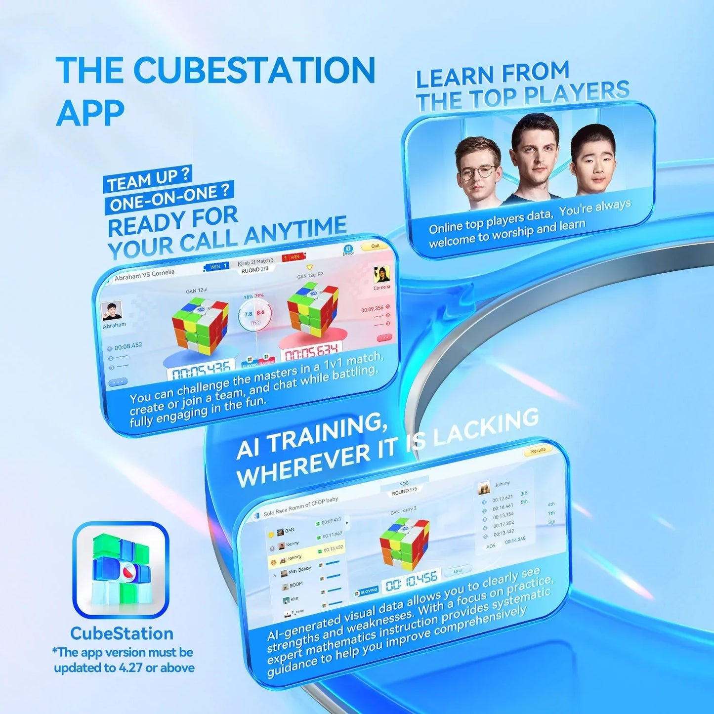 CubeStation app interface showing 1v1 speedcube matches, AI training, and top player stats for smart cube practice