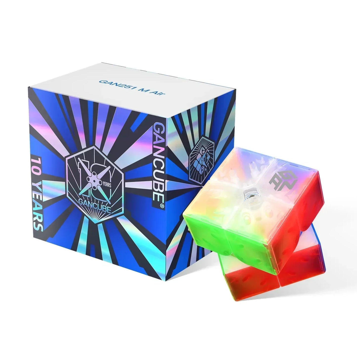 Transparent GAN251 M Air speed cube puzzle with colorful sides next to holographic 10 years GANCube packaging