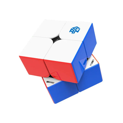 Partially twisted 2x2 speed cube with white, red, and blue plastic sides and a logo on the white face