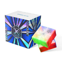 GAN251 M Air transparent speed cube with colorful stickers next to blue GANCube 10 years edition packaging