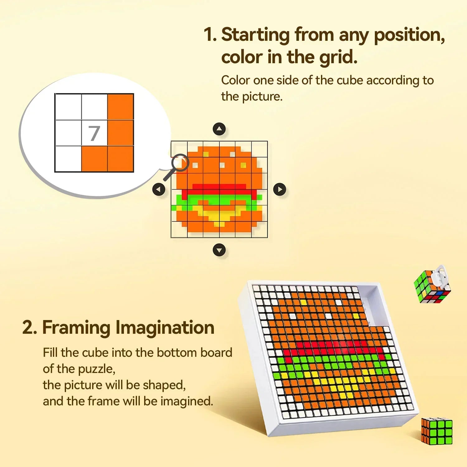 Step-by-step Rubik's Cube pixel art tutorial creating a hamburger image on a grid and puzzle board