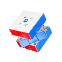 Partially twisted 3x3 white, red, and blue speed cube with visible internal mechanism