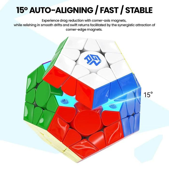 Megaminx puzzle with colorful faces highlighting 15° auto-aligning corner-axis and edge magnets for smooth rotation