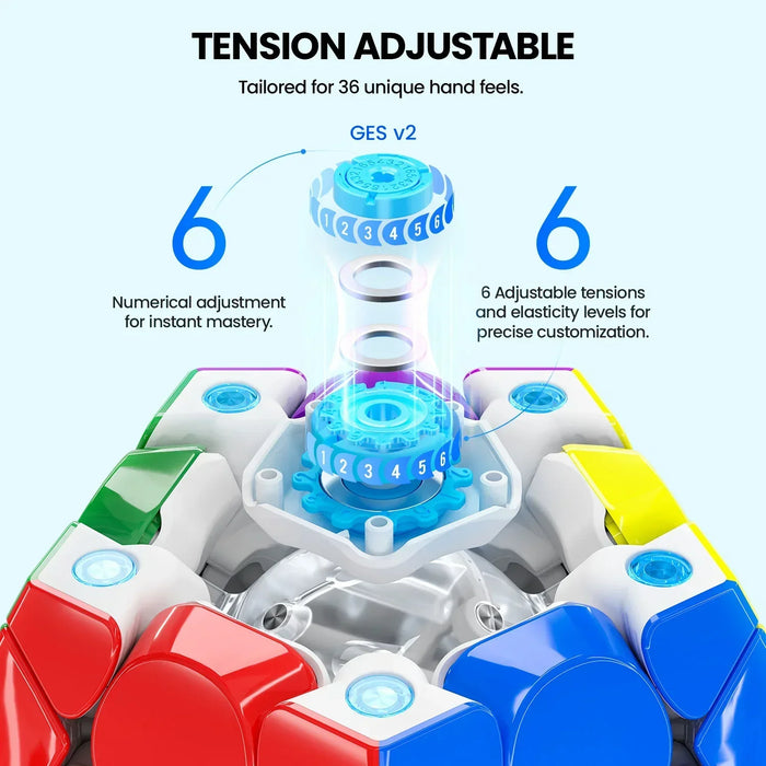 Close-up of a colorfully segmented puzzle cube with GES v2 tension adjustable mechanism showing 6 numerical settings for customization
