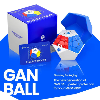 GAN Megaminx puzzle cube with colorful magnetic pieces in white protective GAN BALL case with blue and white packaging