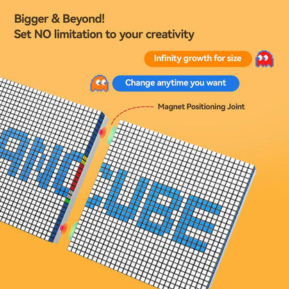 Two connected pixel art boards with magnet positioning joint and text highlighting infinite size growth