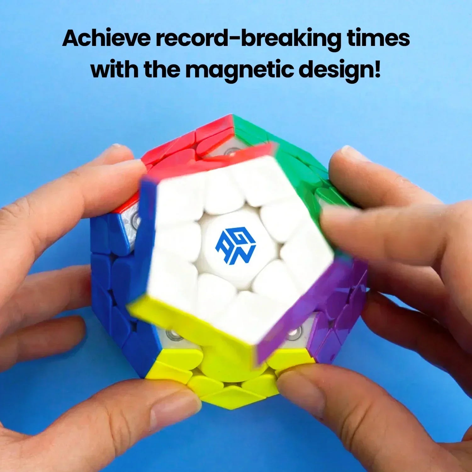 Hands holding a colorful magnetic dodecahedron puzzle cube with visible internal magnets