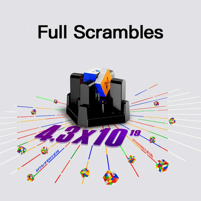 Smart speed cube in full scramble mode with 4.3x10¹⁹ combinations, surrounded by colorful cubes and dynamic lines