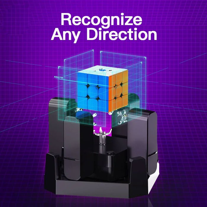 Smart speed cube on analysis stand with 3D grid, recognizing any direction for solving