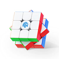 Partially twisted GAN branded 3x3 speed cube puzzle with white, red, green, and blue facets