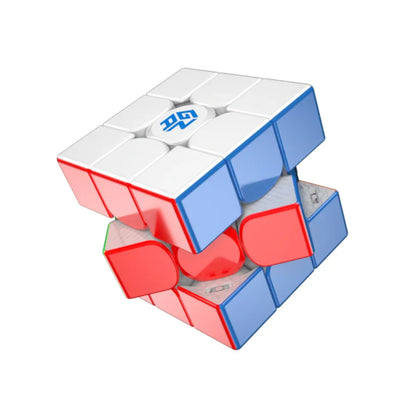 Partially twisted GAN12 Maglev 3x3 Rubik's Cube with white, red, and blue faces on white background