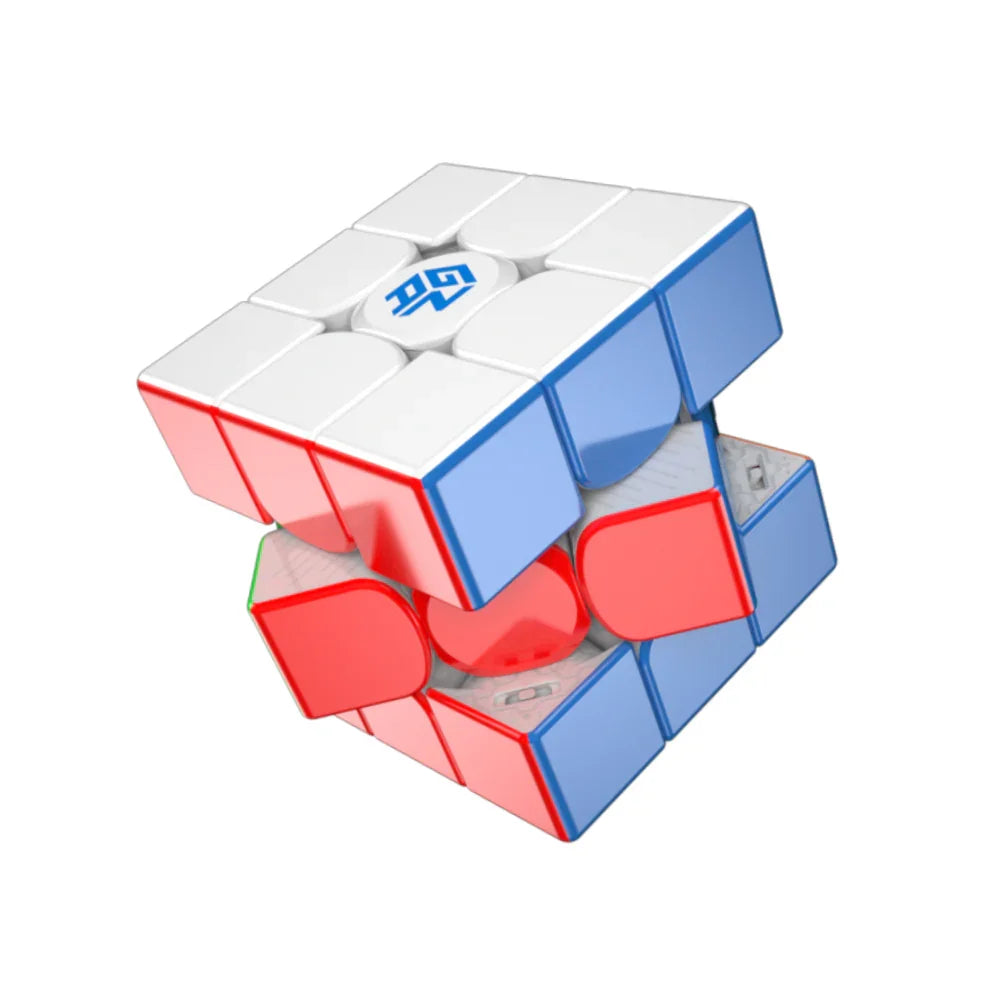 Partially twisted GAN12 Maglev 3x3 Rubik's Cube with white, red, and blue faces on white background