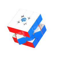 Magnetic speed cube puzzle with white, red, blue, and orange pieces partially twisted