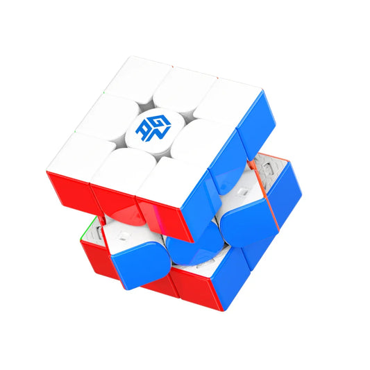Magnetic speed cube puzzle with white, red, blue, and orange pieces partially twisted