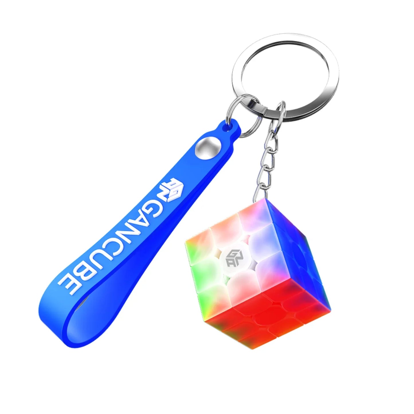 Keychain with colorful GAN Rubik's Cube and blue GAN CUBE strap on silver ring
