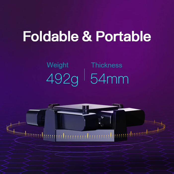 Foldable & portable smart cube device, 492g weight, 54mm thickness, sleek black design on hex grid