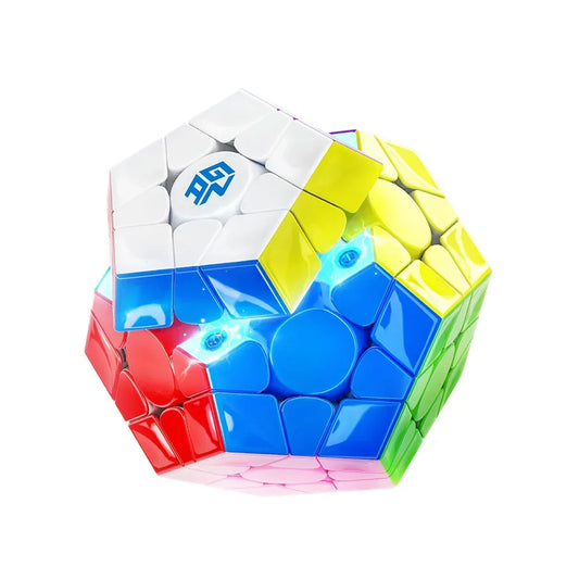 Colorful Megaminx twisty puzzle with white, red, blue, yellow, green faces and logo on a white background
