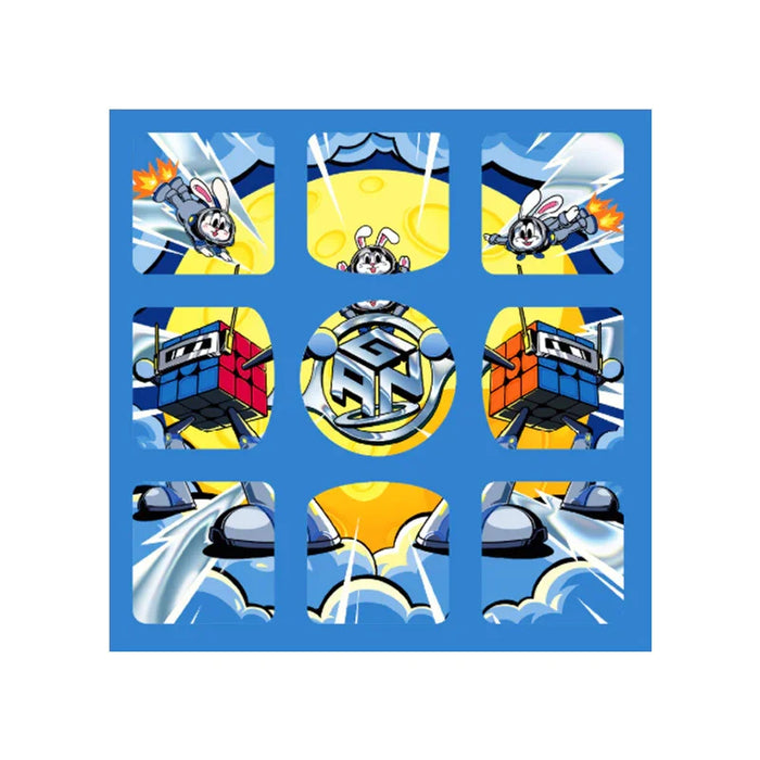 Cartoon rabbit flying with speed cubes and GAN logo on blue background
