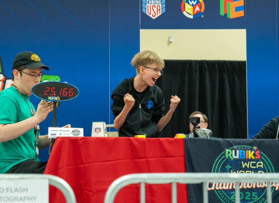 Timofei celebrating a result at World Championship