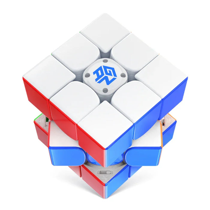 Smart speed cube with blue logo, red and blue sides, white face, advanced puzzle design