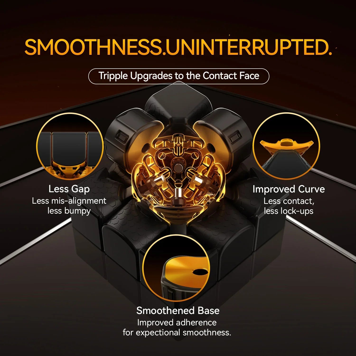 Close-up of black and gold cube mechanism highlighting upgraded contact face for smoothness and less misalignment