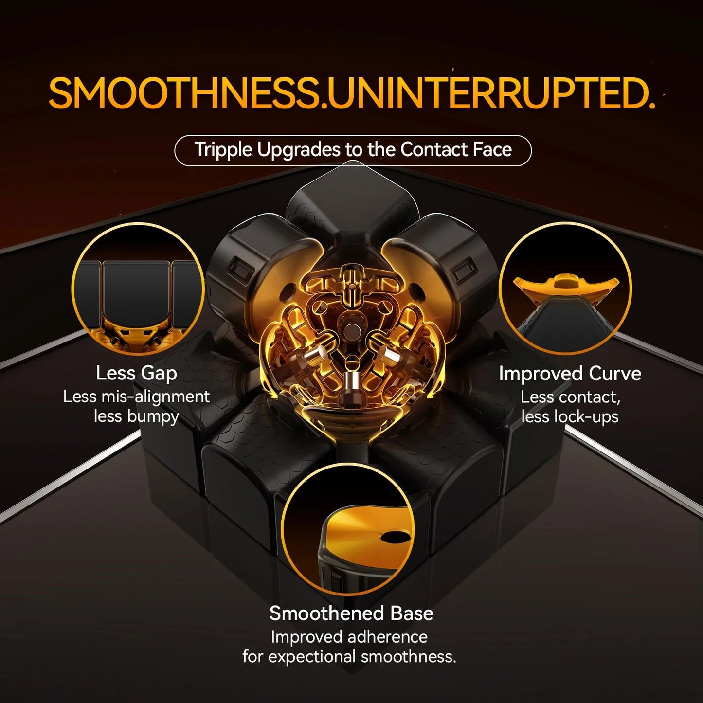 Close-up of black and gold cube mechanism highlighting upgraded contact face for smoothness and less misalignment