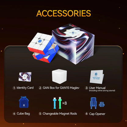 GAN15 Maglev Rubik's Cube puzzle accessories including identity card, box, manual, bag, magnet rods, and cap opener