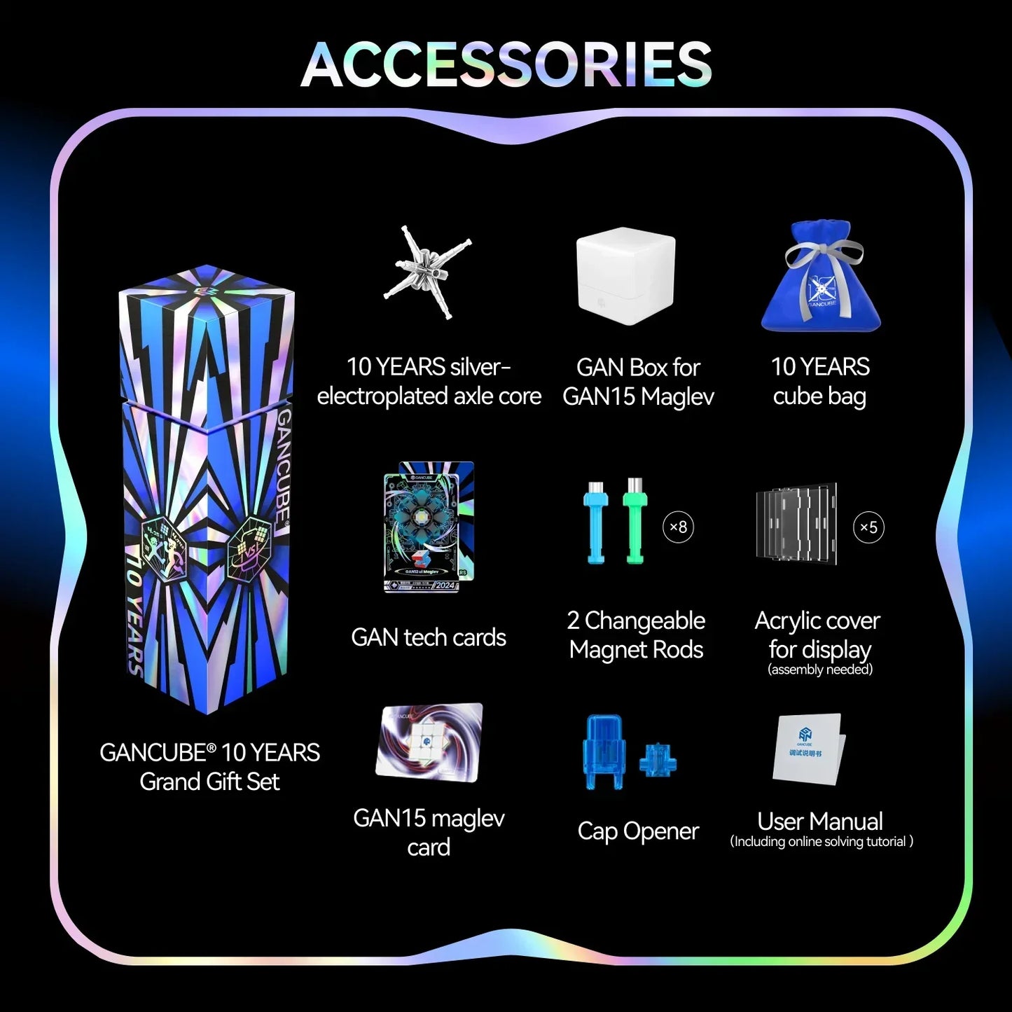 GANCUBE 10 Years Grand Gift Set accessories including silver axle core, GAN15 Maglev box, cube bag, tech cards, magnet rods, acrylic display cover, cap opener, and user manual