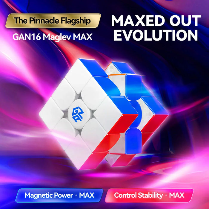 GAN16 Maglev MAX magnetic speed cube with blue, white, and red colors, highlighted as pinnacle flagship