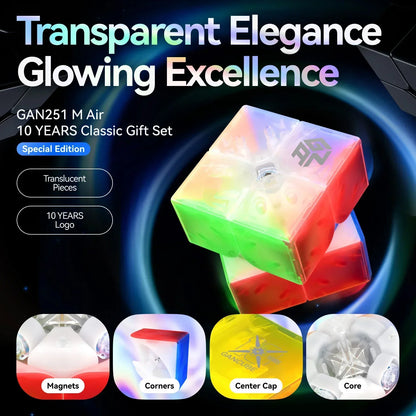 Transparent GAN251 M Air 10 Years special edition Rubik's Cube with glowing colors and detailed core parts