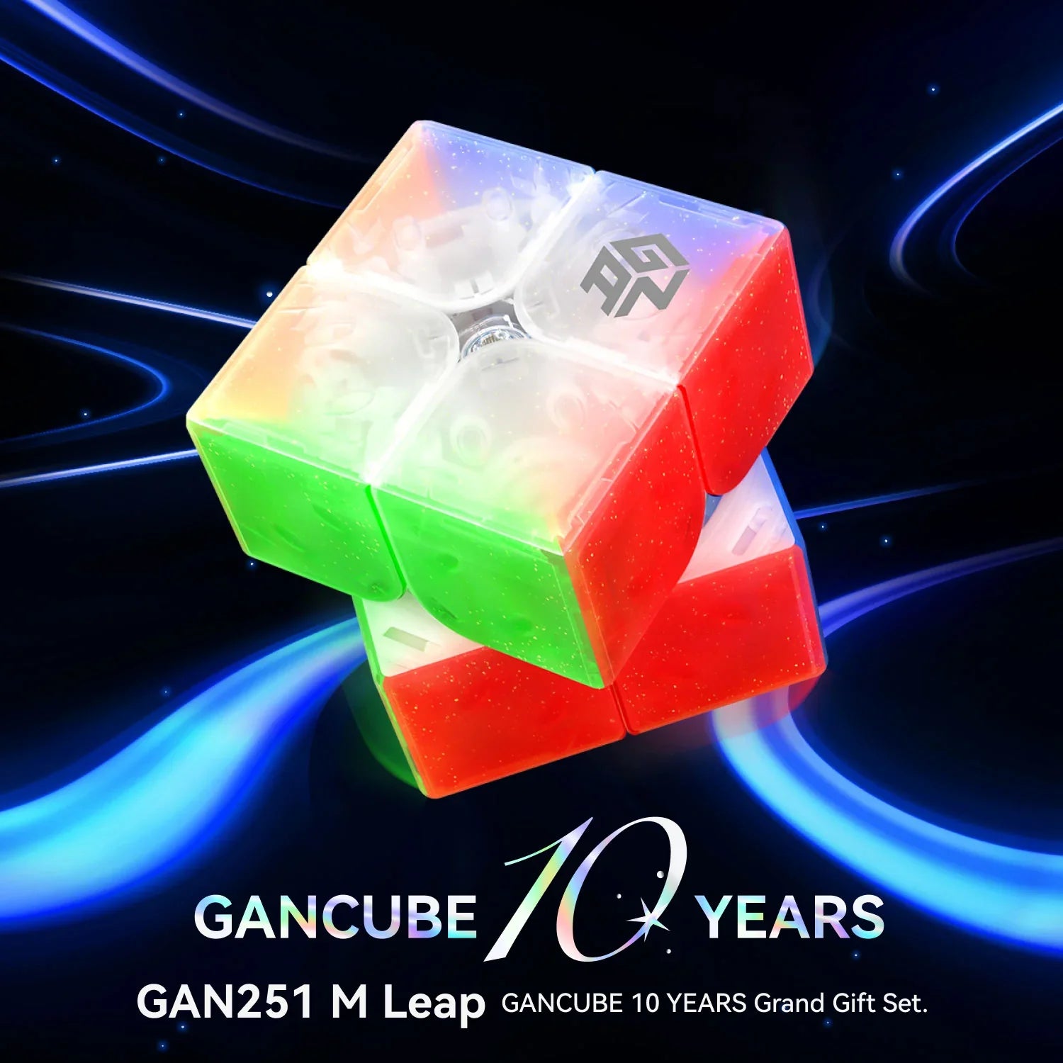Transparent GAN251 M Leap Rubik's Cube with green and red sides glowing on dark blue background