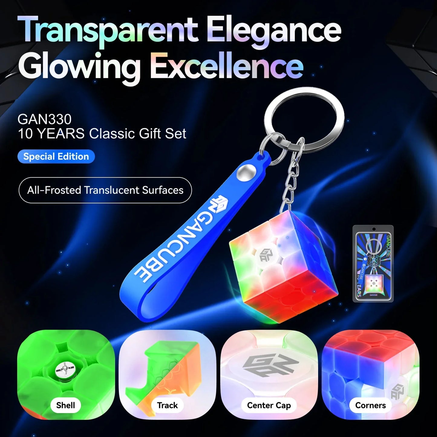 GAN330 10 Years Classic Gift Set featuring transparent frosted Rubik's Cube keychain with blue GAN strap