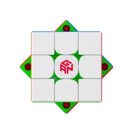 Top view of GAN 356 ME Christmas speed cube with white center stickers and green edges
