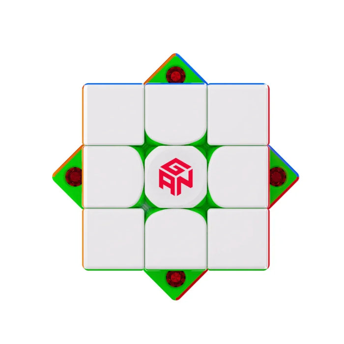 Top view of GAN 356 ME Christmas speed cube with white center stickers and green edges