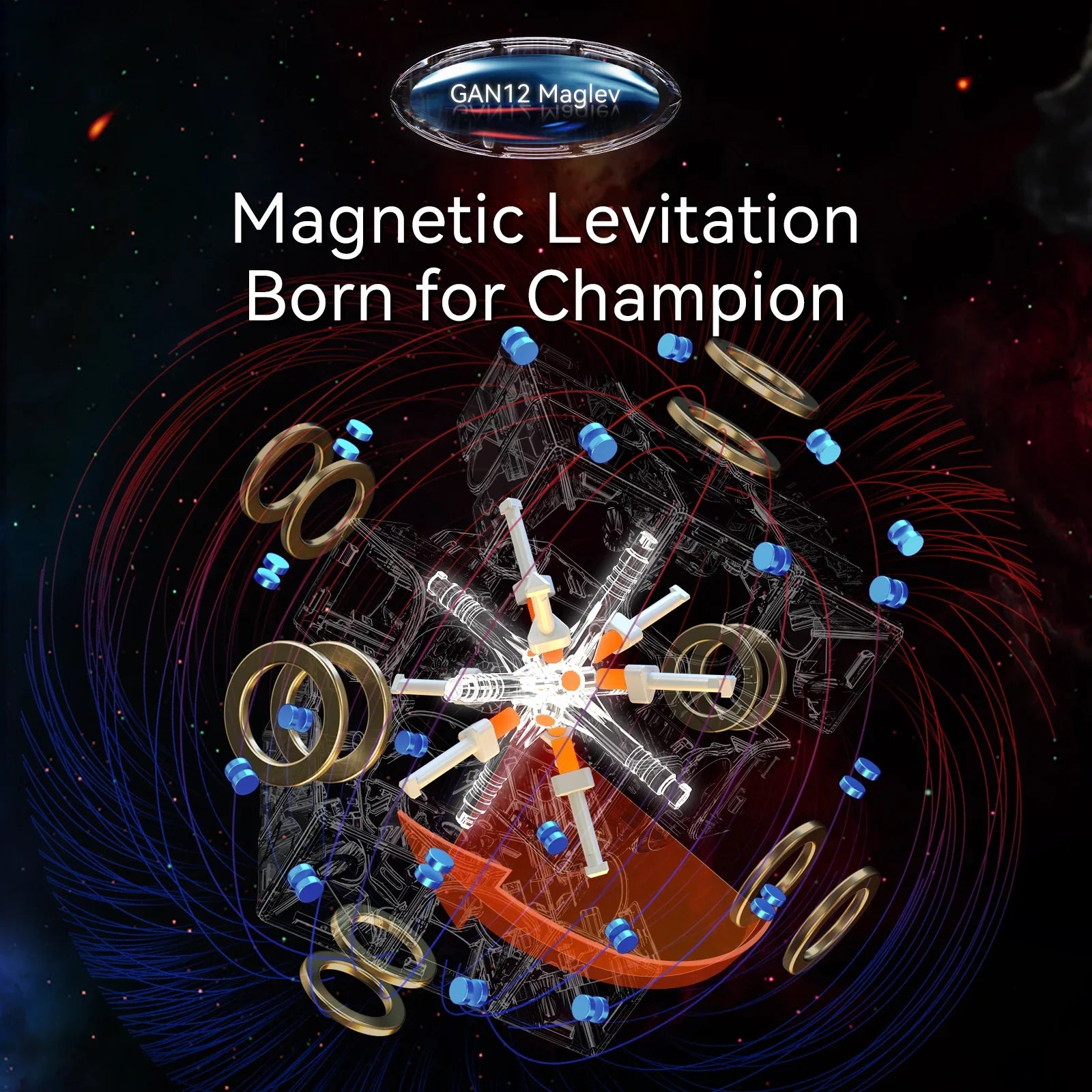 Diagram of GAN12 Maglev magnetic levitation system with rings and components, space background