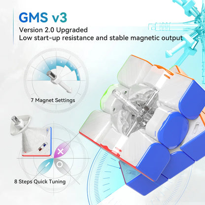 GANCube 12 Maglev speed cube with transparent core, showing 7 magnet settings and 8 steps quick tuning features