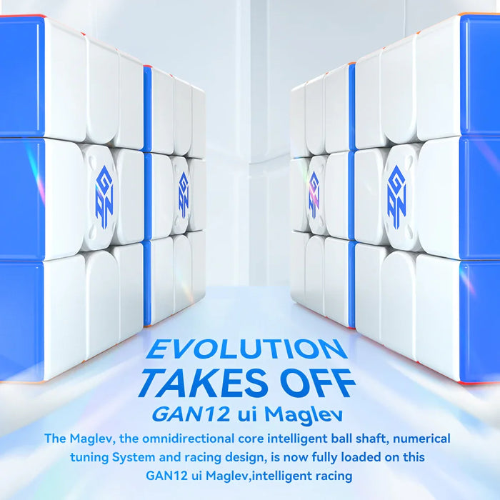 GAN12 ui Maglev speed cube with blue and white design, featuring intelligent ball shaft and racing tuning system