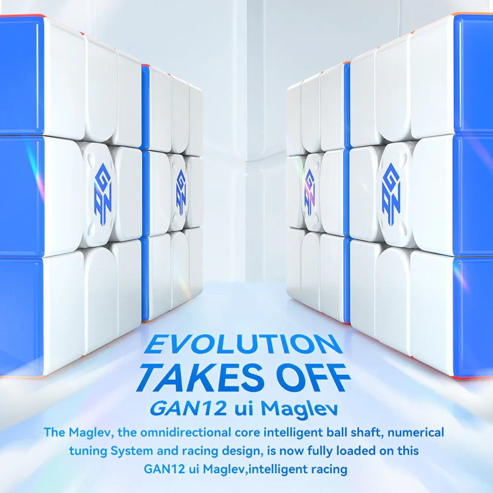 GAN12 ui Maglev speed cube with blue and white design, featuring intelligent ball shaft and racing tuning system
