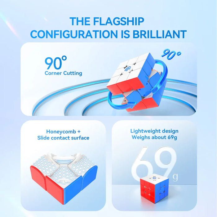 Speed cube with 90° corner cutting, honeycomb slide surface, and lightweight 69g design