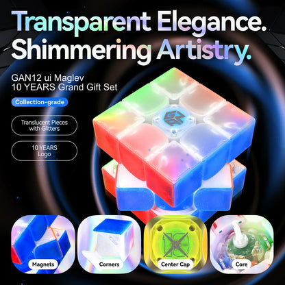GAN12 ui Maglev 10 Years Grand Gift Set with translucent glitter pieces, magnets, and special center cap