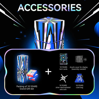 10 Years Grand Gift Set with tech cards, acrylic display, silver axle core, and cube bag accessories