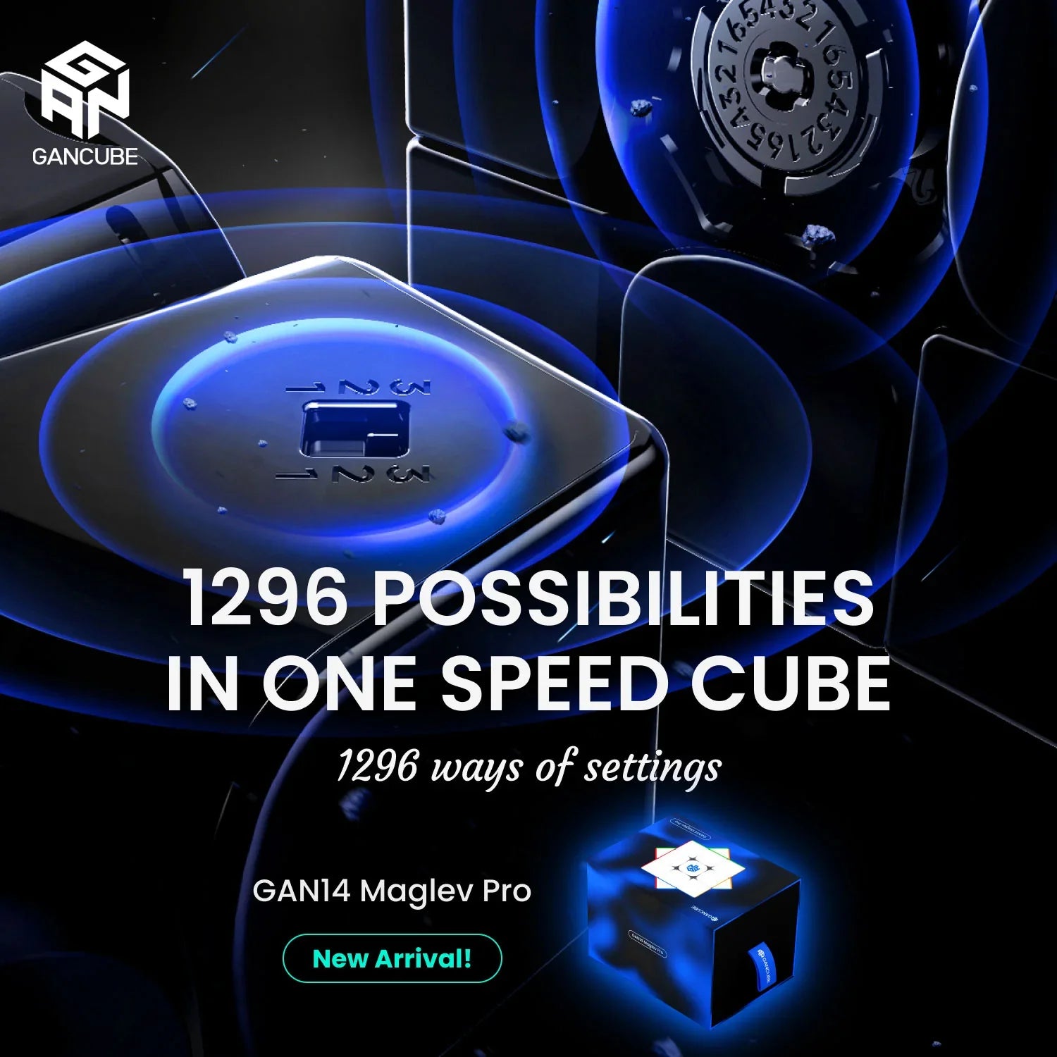 Close-up of GAN14 Maglev Pro speed cube with blue magnetic levitation design and 1296 adjustable settings