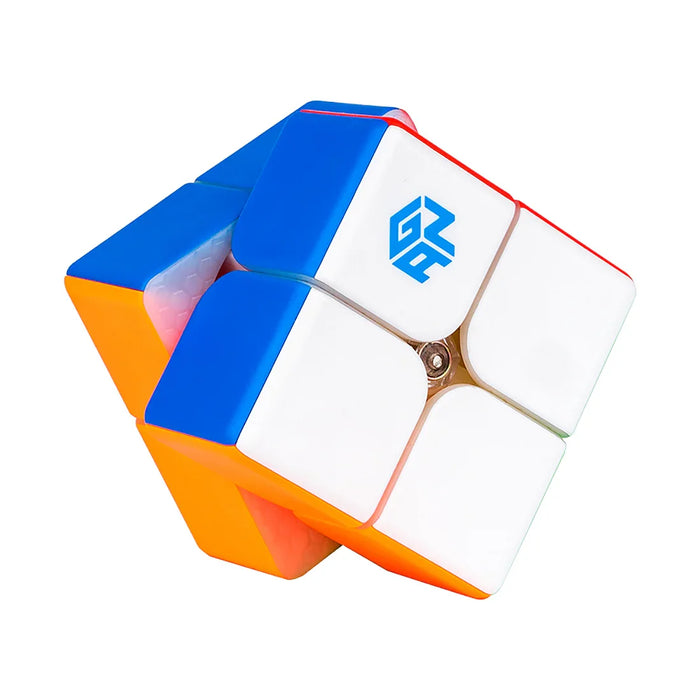 Gan 2x2 V2 speed cube puzzle with white, blue, and orange tiles on white background